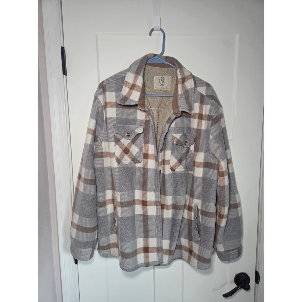 Sage Collective Plaid Sherpa Lined Shirt Jacket Shacket Grey Tan XXL